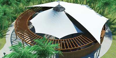modèle 3D d'une voile d'ombrage architecturale pour terrasse de restaurant
