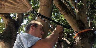 mise en place d'une toile tendue sur un arbre