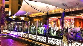 Voile d'ombrage sur terrasse restaurant gastronomique