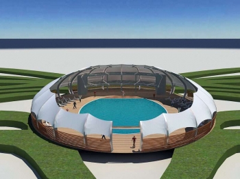 modèle 3D d'une voile d'ombrage architecturale près d'un bassin 